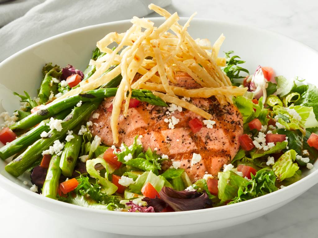 Brio's grilled salmon salad in a bowl