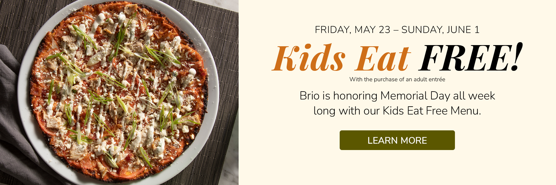 Kids Eat Free for Memorial Day with the purchase of an adult entree
