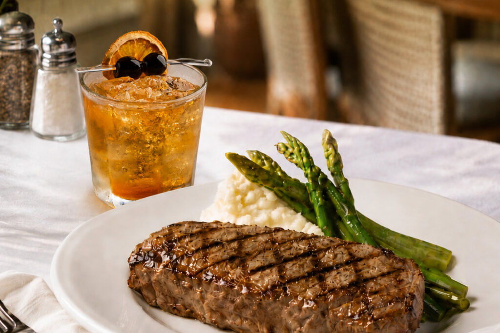 Steak, asparagus and mashed potatoes with a cocktail
