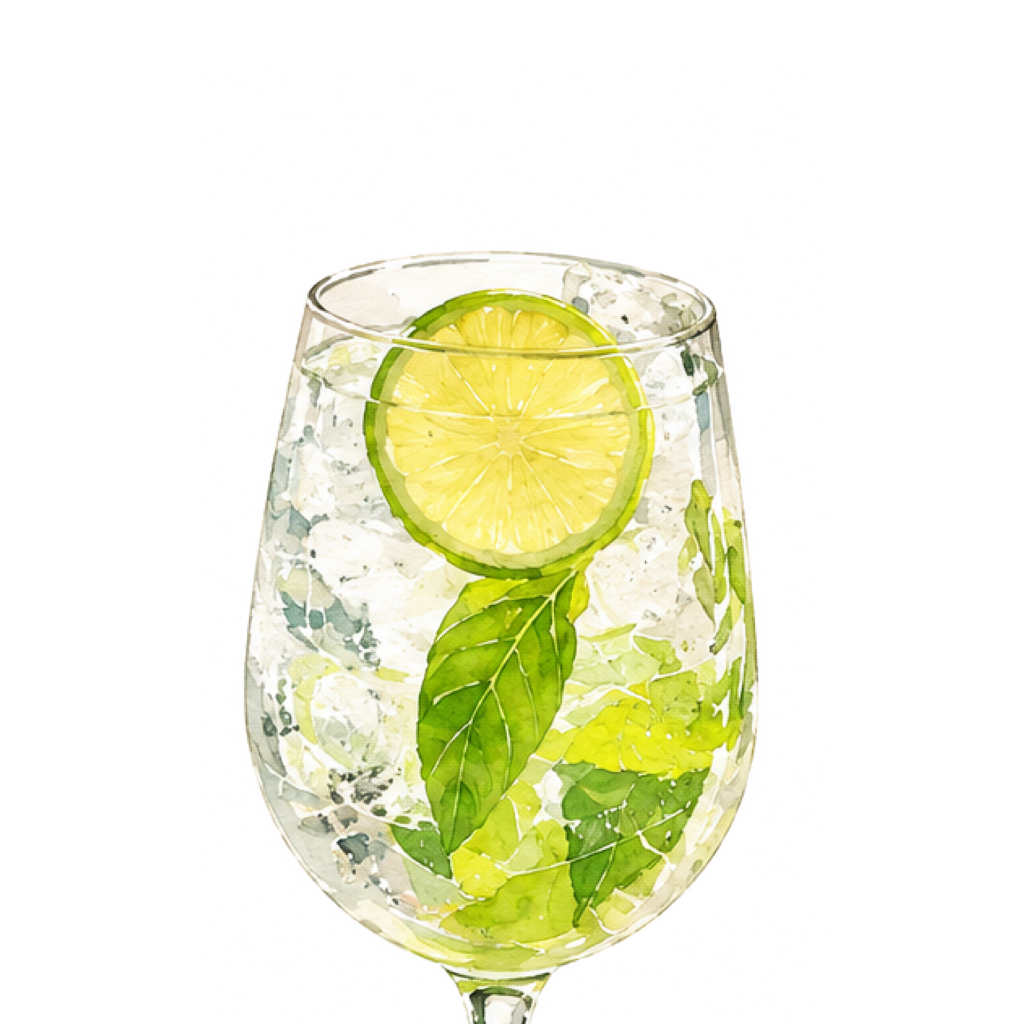 Clear cocktail with lime and basil garnish.