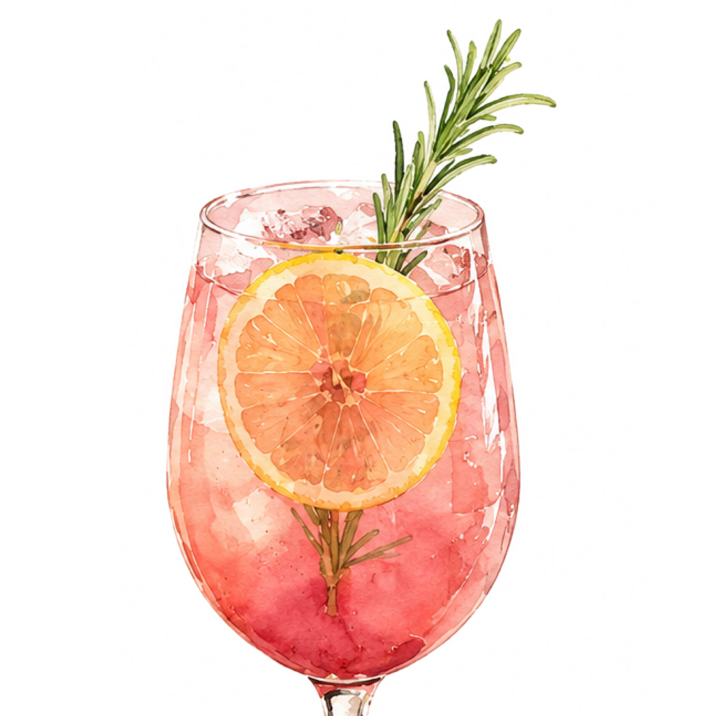 Pink cocktail with lemon and rosemary garnish.