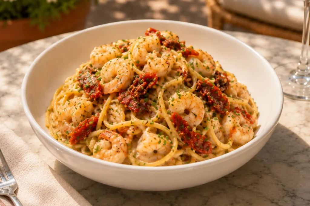 Pasta tossed with prawns, sun-dried tomatoes, herbs and a creamy butter sauce.