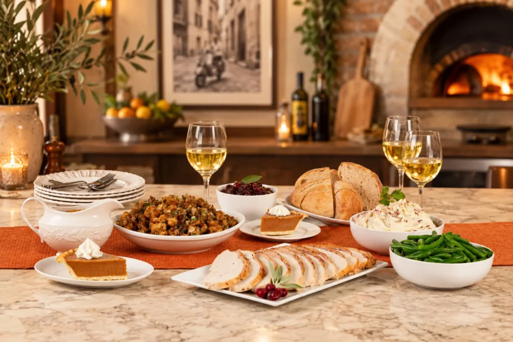 Brio Thanksgiving feast with sliced turkey, stuffing, mashed potatoes, green beans, cranberry sauce, bread, gravy, wine and pumpkin pie.