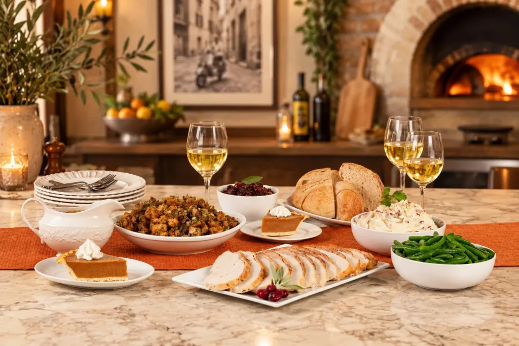 Brio Thanksgiving feast with sliced turkey, stuffing, mashed potatoes, green beans, cranberry sauce, bread, gravy, wine and pumpkin pie.