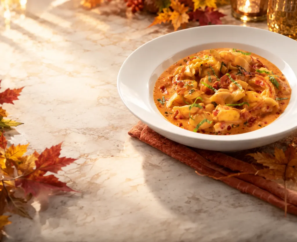 Brio pasta dish in a creamy tomato sauce surrounded by autumn leaves and seasonal table decor.